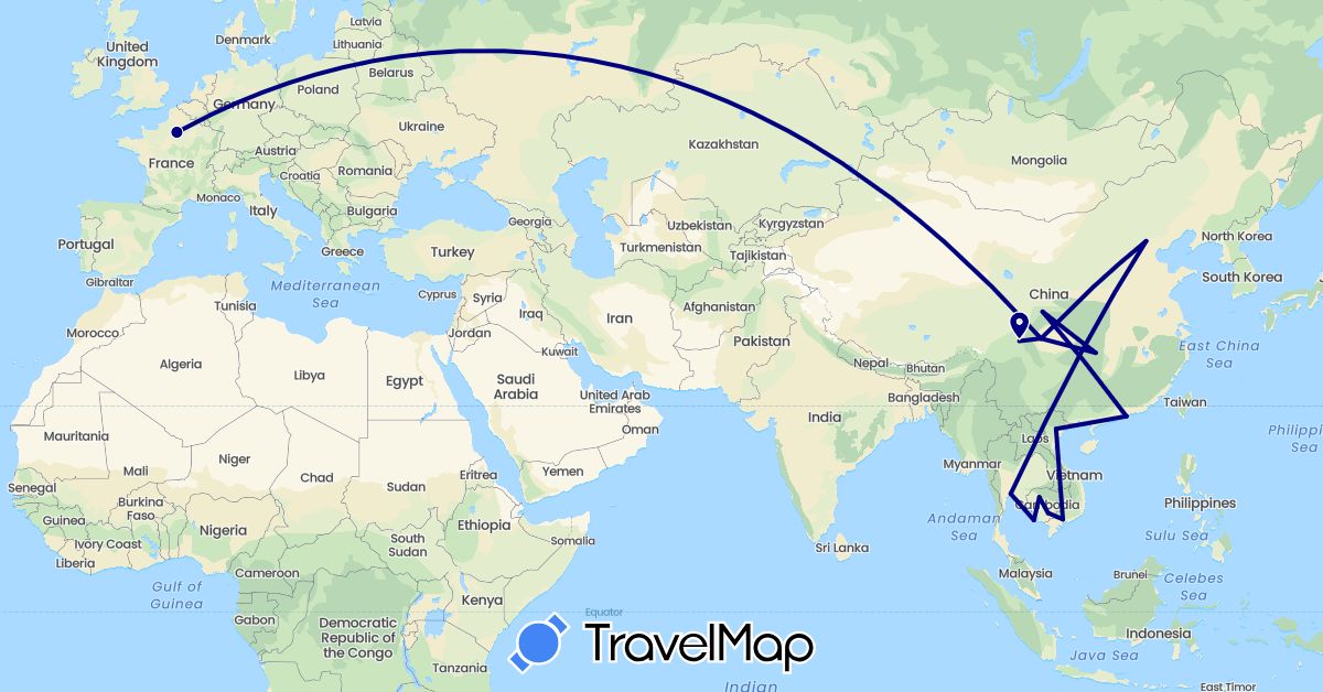 TravelMap itinerary: driving in China, France, Hong Kong, Cambodia, Thailand, Vietnam (Asia, Europe)